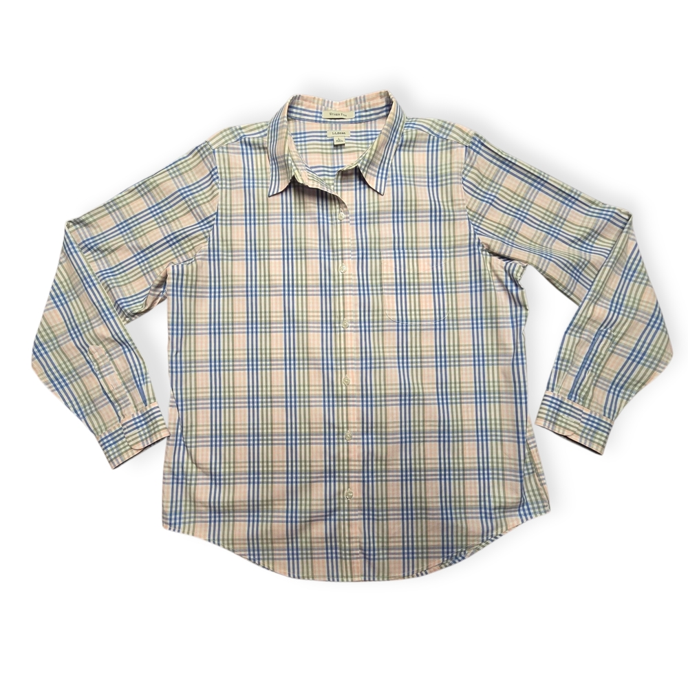L.L. Bean Women's Plaid Button Down Shirt - Pale Pink, Green and Blue